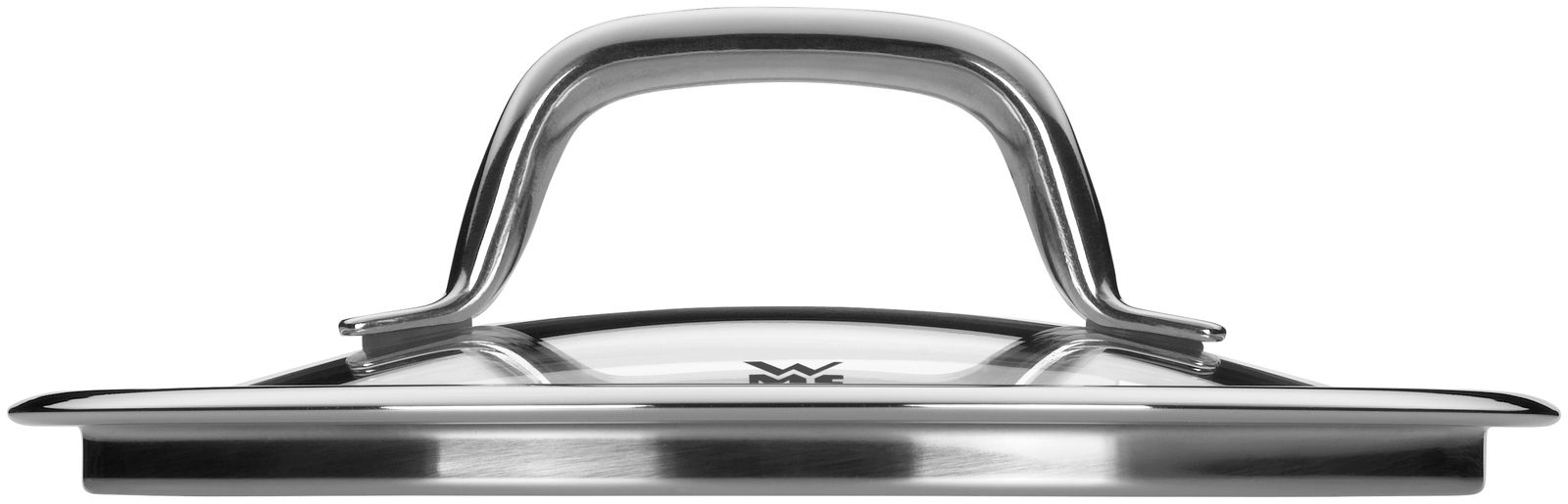 Topfdeckel aus Edelstahl mit Glas, seitliche Perspektive, WMF-Logo sichtbar