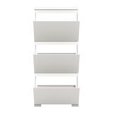 Moderner weißer Schuhschrank mit drei Klappfächern, Frontalansicht