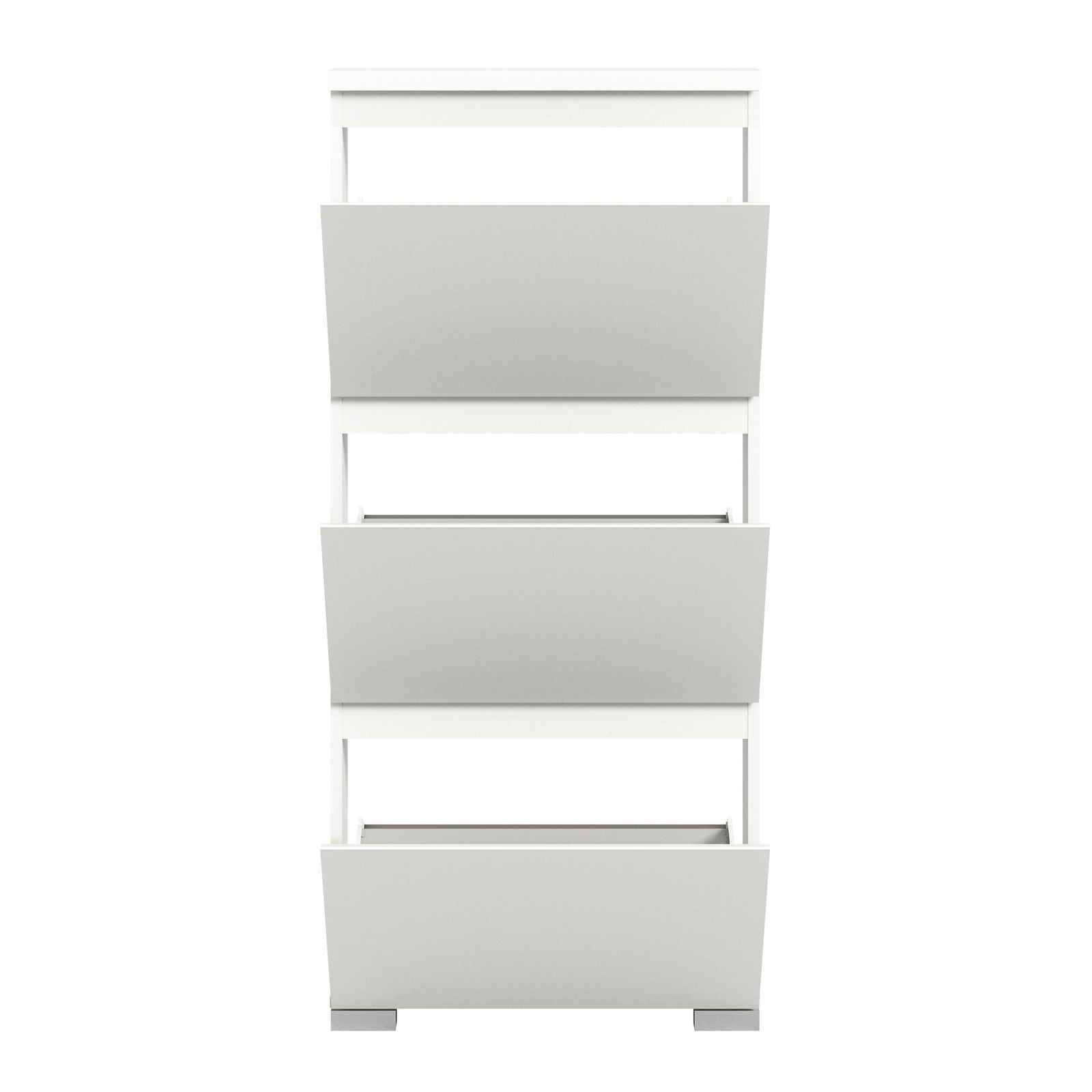Moderner weißer Schuhschrank mit drei Klappfächern, Frontalansicht