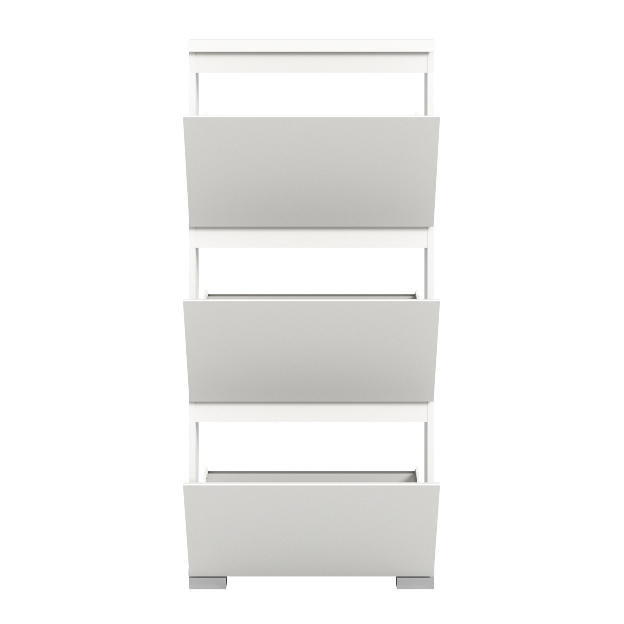 Moderner weißer Schuhschrank mit drei Klappfächern, Frontalansicht
