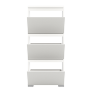 Moderner weißer Schuhschrank mit drei Klappfächern, Frontalansicht