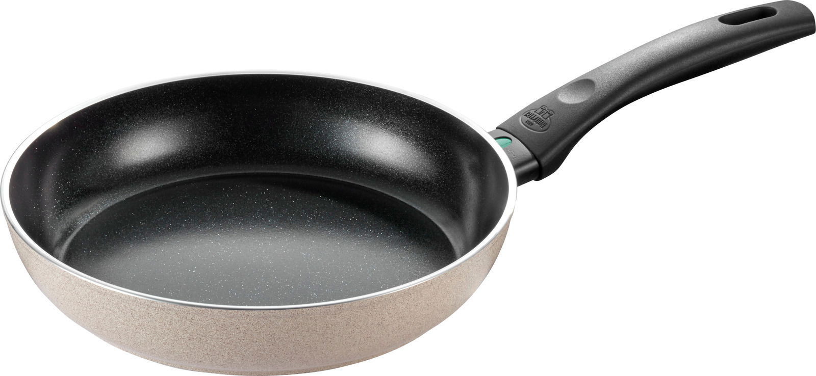 Bratpfanne mit 24 cm Durchmesser, seitliche Perspektive, schwarze Antihaftbeschichtung und ergonomischer Griff