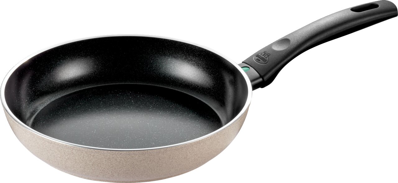 Bratpfanne mit 24 cm Durchmesser, seitliche Perspektive, schwarze Antihaftbeschichtung und ergonomischer Griff