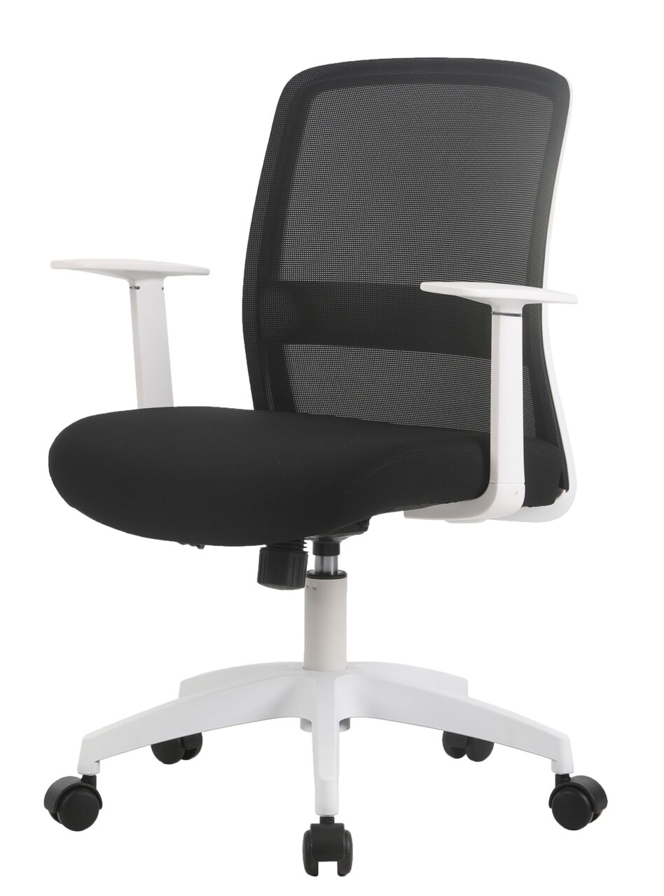 Moderner Drehstuhl mit schwarzem Netzrücken und weißem Gestell, seitliche Perspektive