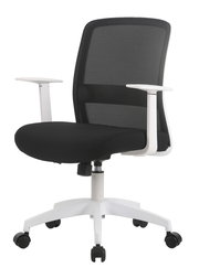 Moderner Drehstuhl mit schwarzem Netzrücken und weißem Gestell, seitliche Perspektive