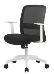 Moderner Drehstuhl mit schwarzem Netzrücken und weißem Gestell, seitliche Perspektive