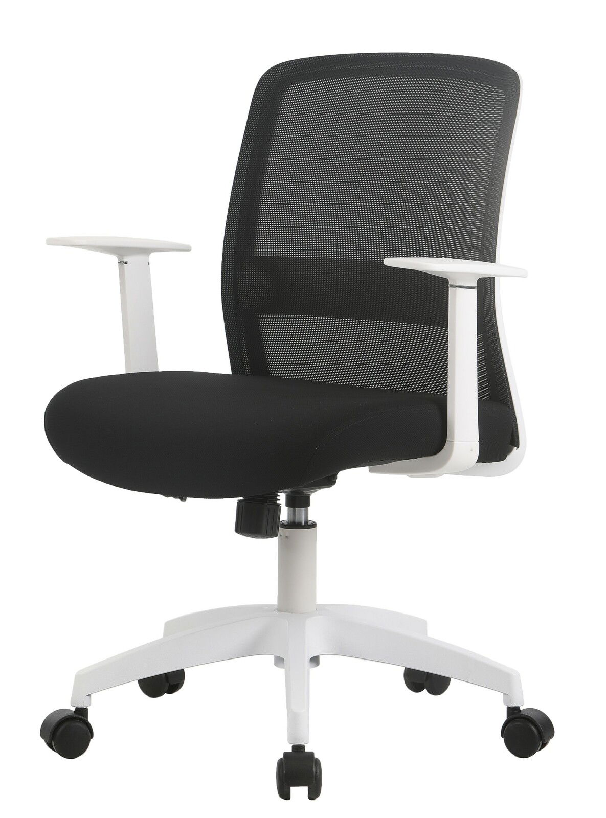 Moderner Drehstuhl mit schwarzem Netzrücken und weißem Gestell, seitliche Perspektive