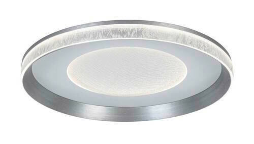 Moderne LED-Deckenleuchte in runder Form mit silbernem Rand und strukturiertem Leuchtmittel, seitliche Perspektive