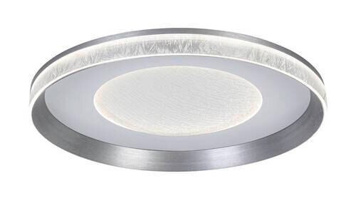 Moderne ronde led-plafondlamp met zilveren rand en gestructureerde lampkap, zijaanzicht