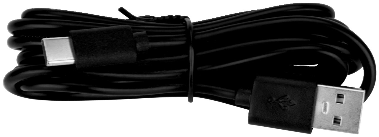 Schwarzes USB-Kabel mit USB-A- und USB-C-Steckern, seitliche Perspektive