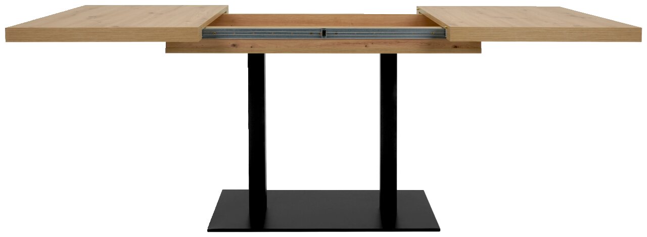 Esstisch QUADRATO in erweiterbarer Ansicht, frontal fotografiert, mit Holzplatte und schwarzem Metallgestell.