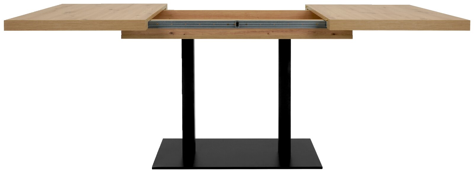 Eettafel QUADRATO in uitklapbare uitvoering, van voren gefotografeerd, met houten blad en zwart metalen onderstel.