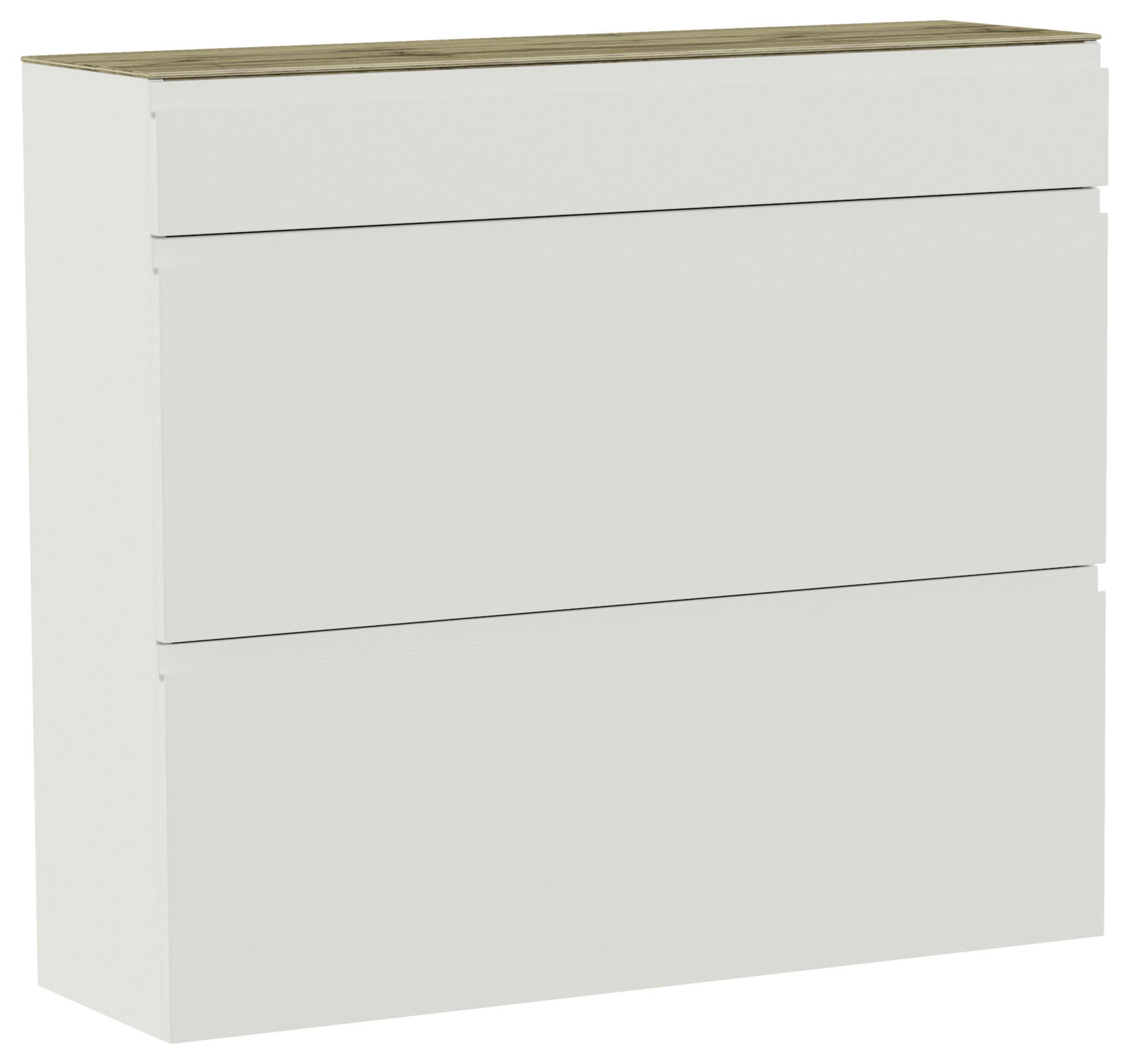 Moderner Hängeschuhschrank mit drei Schubladen in Weiß mit Holzoberfläche, seitliche Perspektive