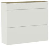 Moderner Hängeschuhschrank mit drei Schubladen in Weiß mit Holzoberfläche, seitliche Perspektive