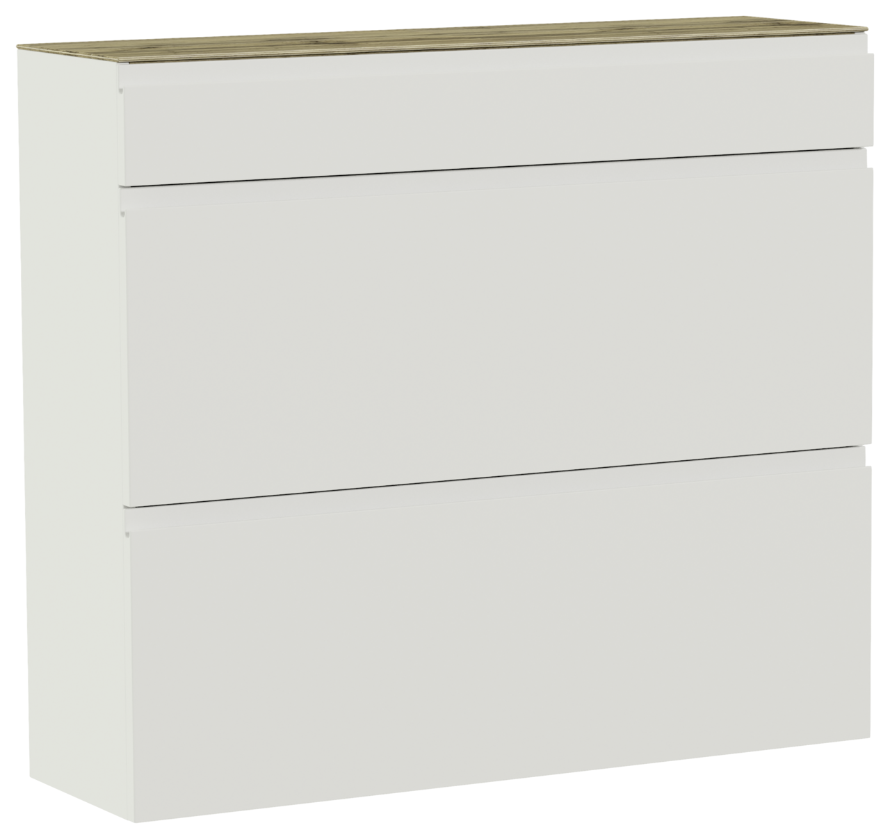 Moderano Hängeschuhschrank LECCO Moderner Hängeschuhschrank mit drei Schubladen in Weiß mit Holzoberfläche, seitliche Perspektive