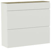 Moderner Hängeschuhschrank mit drei Schubladen in Weiß mit Holzoberfläche, seitliche Perspektive