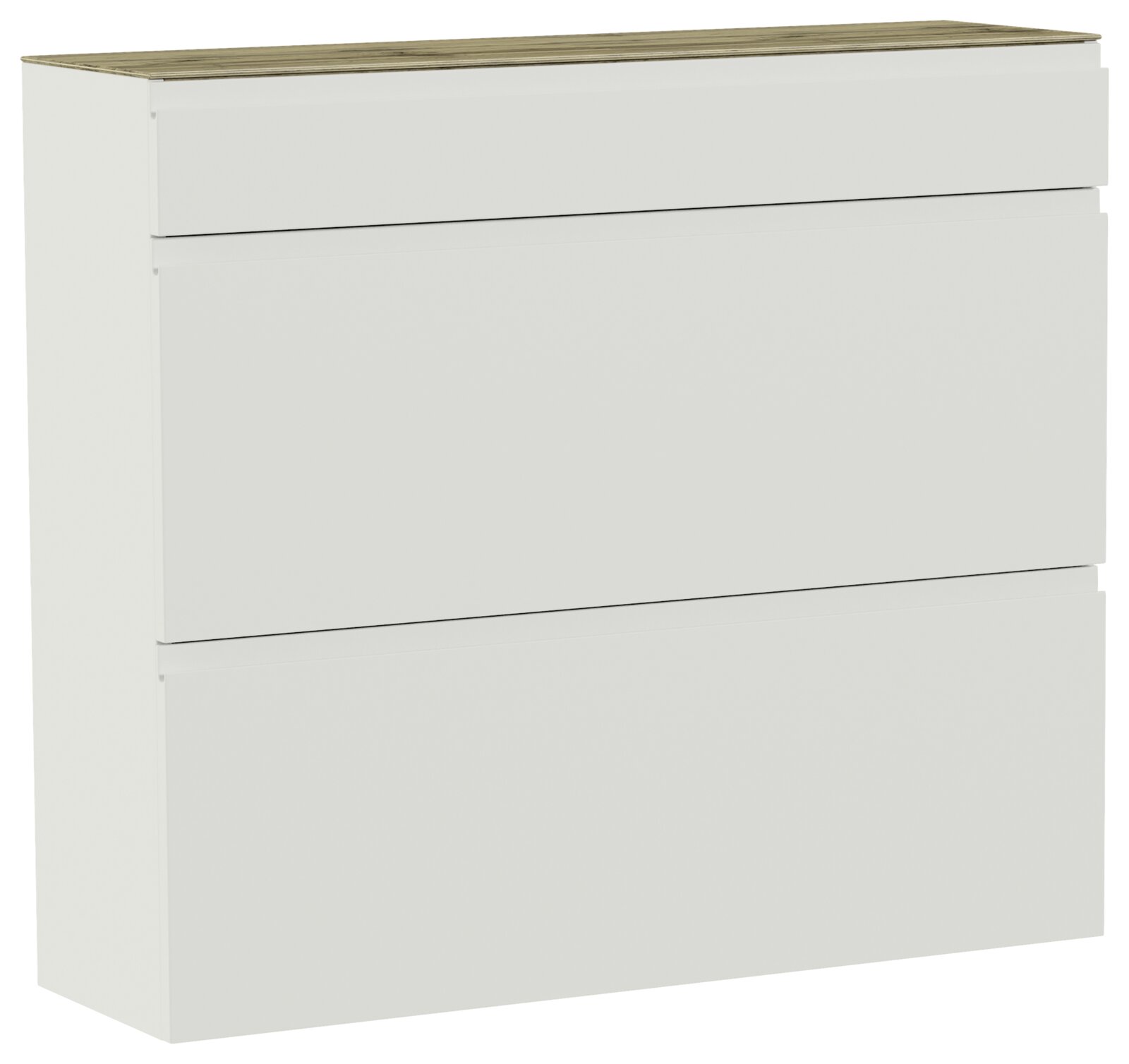 Moderner Hängeschuhschrank mit drei Schubladen in Weiß mit Holzoberfläche, seitliche Perspektive