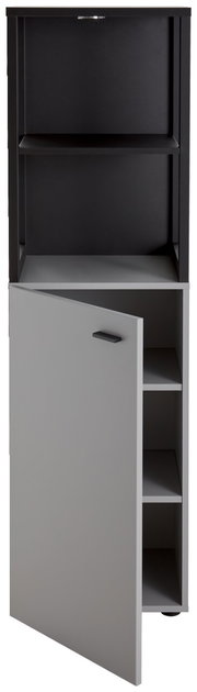 Graues Highboard mit offener Tür und mehreren Regalfächern, frontale Ansicht