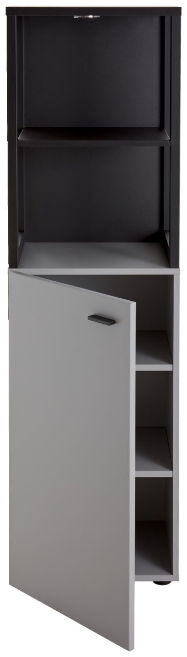 Graues Highboard mit offener Tür und mehreren Regalfächern, frontale Ansicht