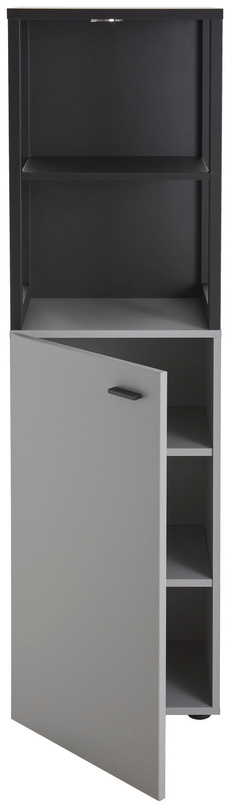 Graues Highboard mit offener Tür und mehreren Regalfächern, frontale Ansicht