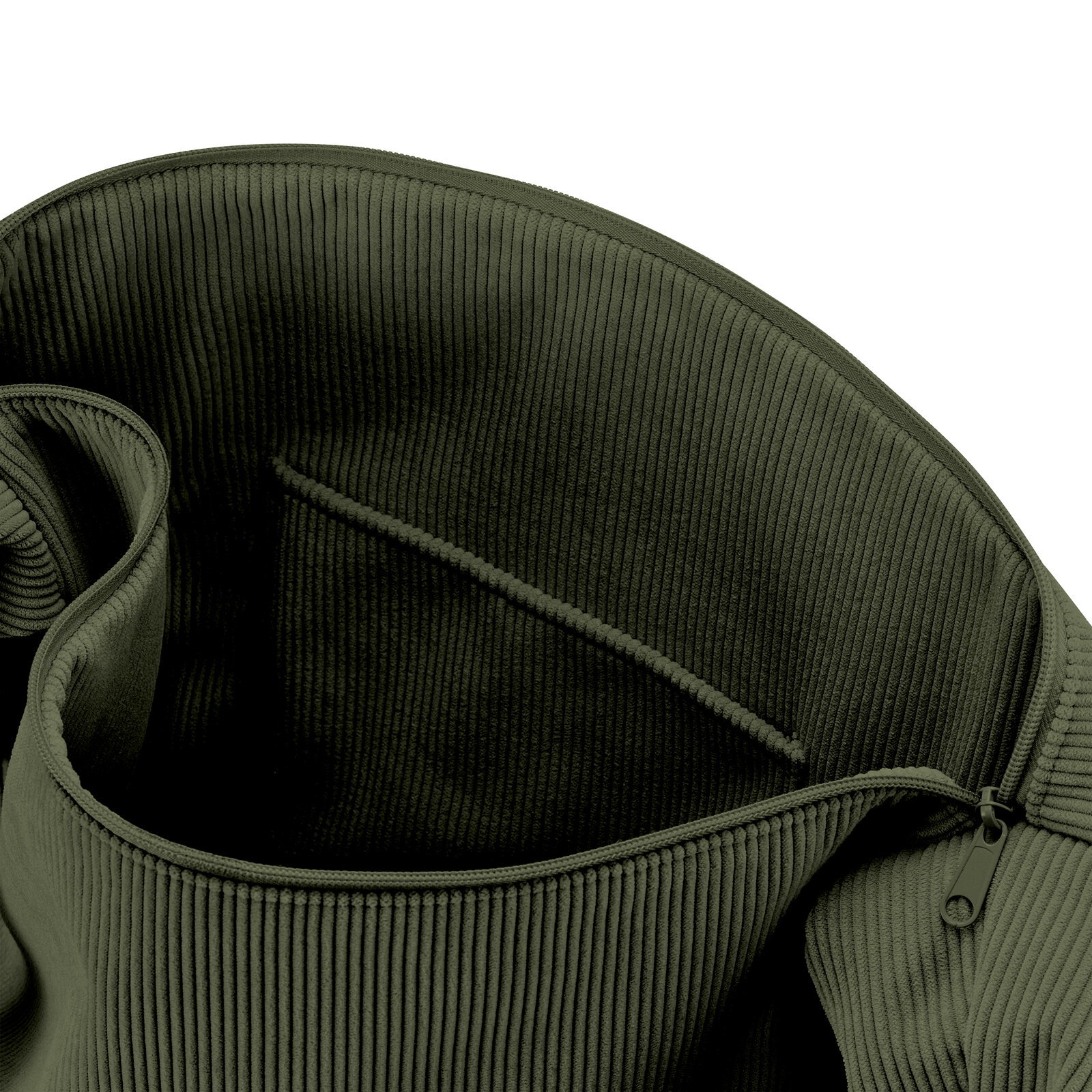 Nahaufnahme von oben in die geöffnete olivgrüne Cordtasche mit Reißverschluss, Innenfach und Tragegriff
