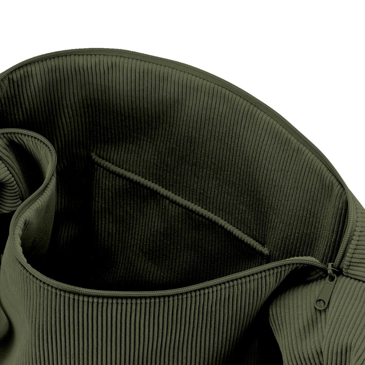 Nahaufnahme von oben in die geöffnete olivgrüne Cordtasche mit Reißverschluss, Innenfach und Tragegriff