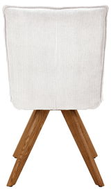 Rückansicht eines Stuhls mit weißem, geripptem Stoffbezug und Holzbeinen.