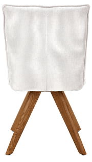 Rückansicht eines Stuhls mit weißem, geripptem Stoffbezug und Holzbeinen.