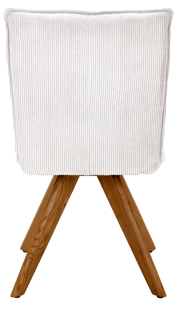 Johann Jakob Stuhl CALAS Rückansicht eines Stuhls mit weißem, geripptem Stoffbezug und Holzbeinen.