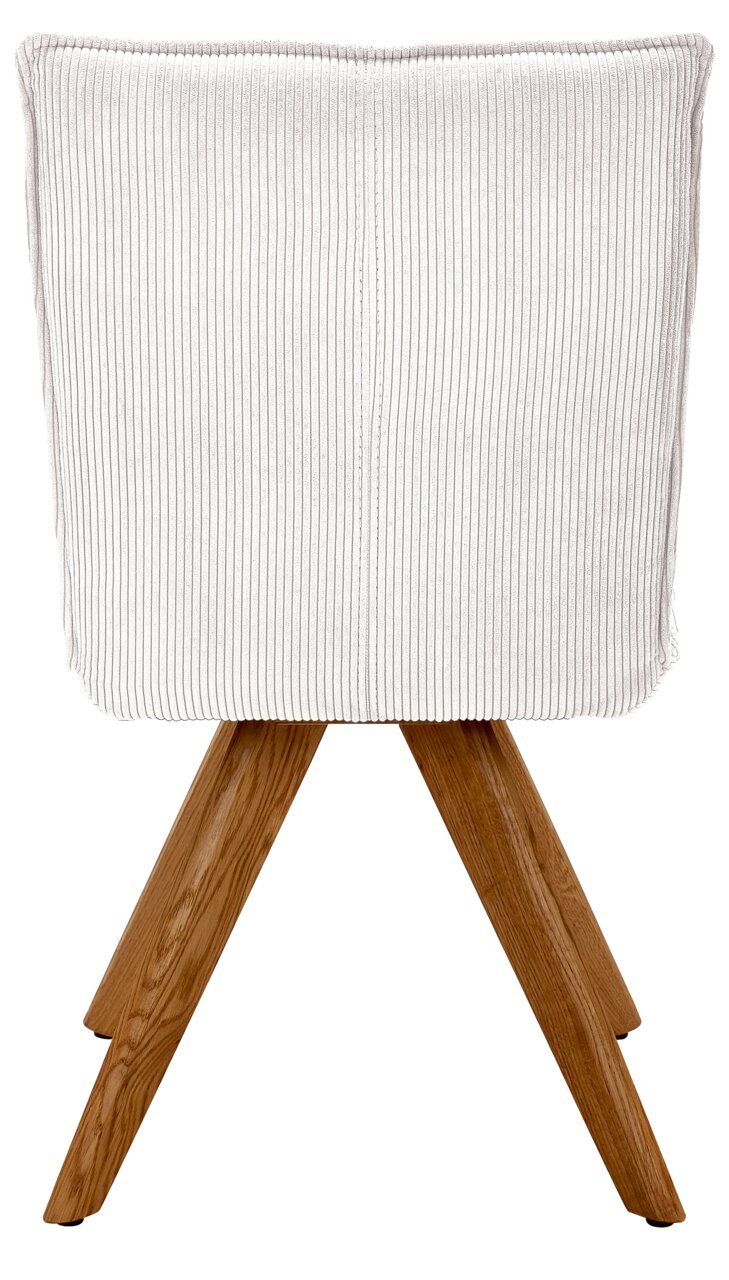 Johann Jakob Stuhl CALAS Rückansicht eines Stuhls mit weißem, geripptem Stoffbezug und Holzbeinen.