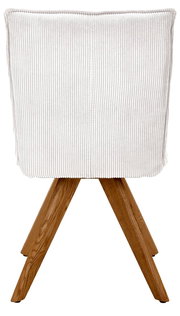 Rückansicht eines Stuhls mit weißem, geripptem Stoffbezug und Holzbeinen.