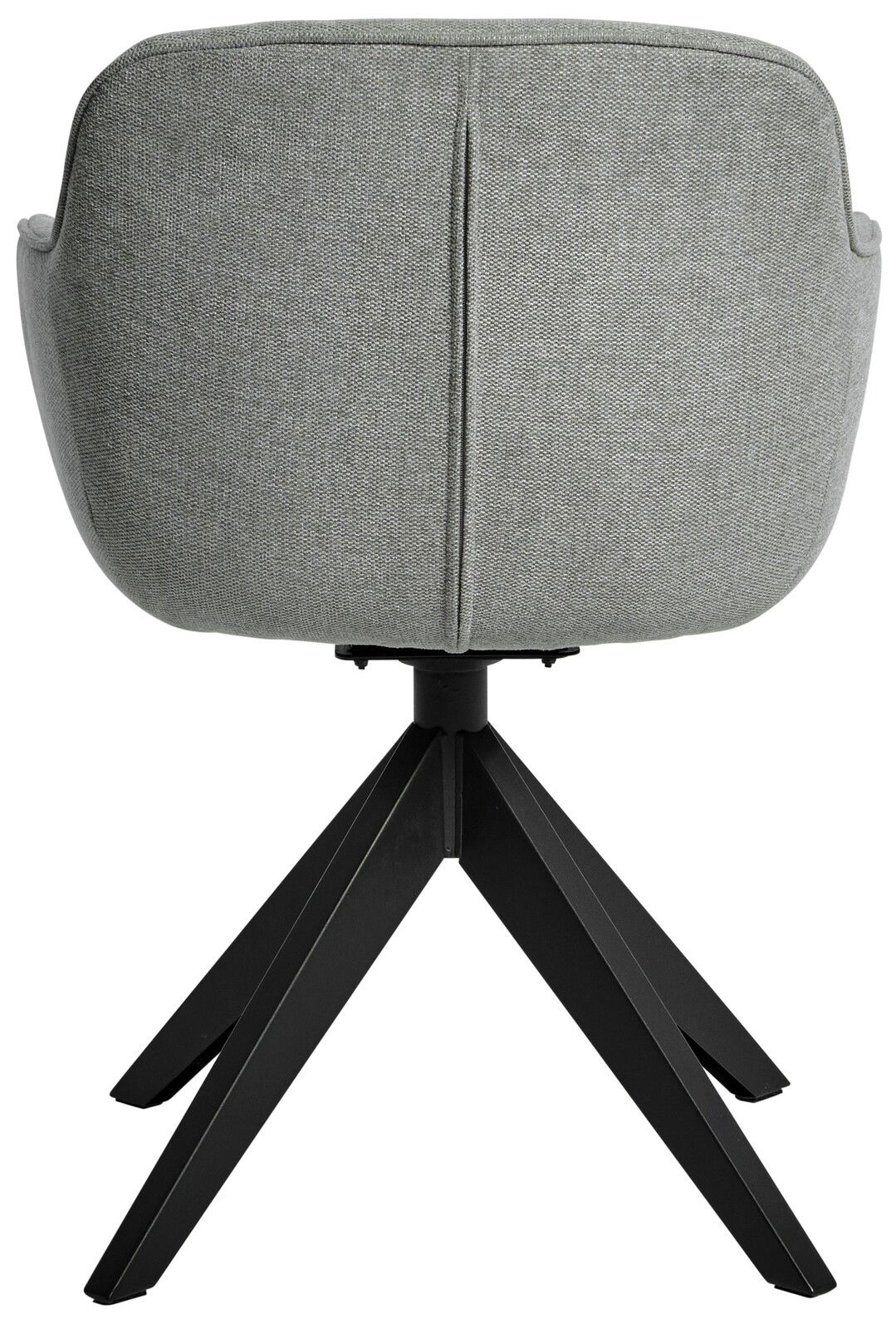 Rückansicht eines modernen Stuhls mit grauem Stoffbezug und schwarzem Metallgestell.