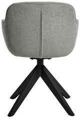 Rückansicht eines modernen Stuhls mit grauem Stoffbezug und schwarzem Metallgestell.