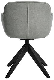 Rückansicht eines modernen Stuhls mit grauem Stoffbezug und schwarzem Metallgestell.