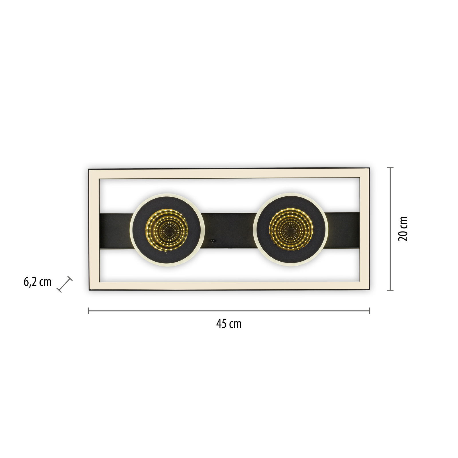 LED-Deckenleuchte mit zwei runden Lichtelementen in einem rechteckigen Rahmen, Draufsicht
