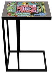 Schwarzer Beistelltisch mit quadratischer Tischplatte und farbenfrohem Pixel-Art-Design, schräg von oben in 3/4-Perspektive dargestellt