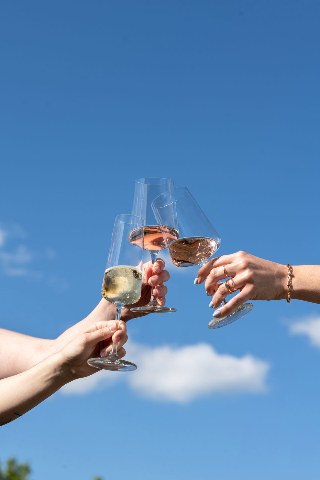 SCHOTT ZWIESEL Sektglas 4er-Set MIOVINO Drei Personen stoßen mit Sektgläsern im Freien an, vor einem klaren blauen Himmel.