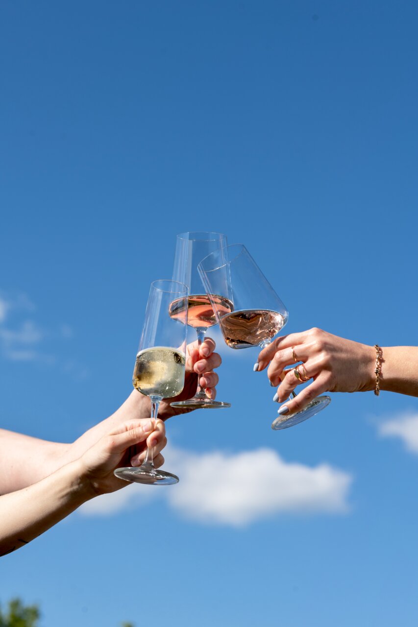 SCHOTT ZWIESEL Sektglas 4er-Set MIOVINO Drei Personen stoßen mit Sektgläsern im Freien an, vor einem klaren blauen Himmel.