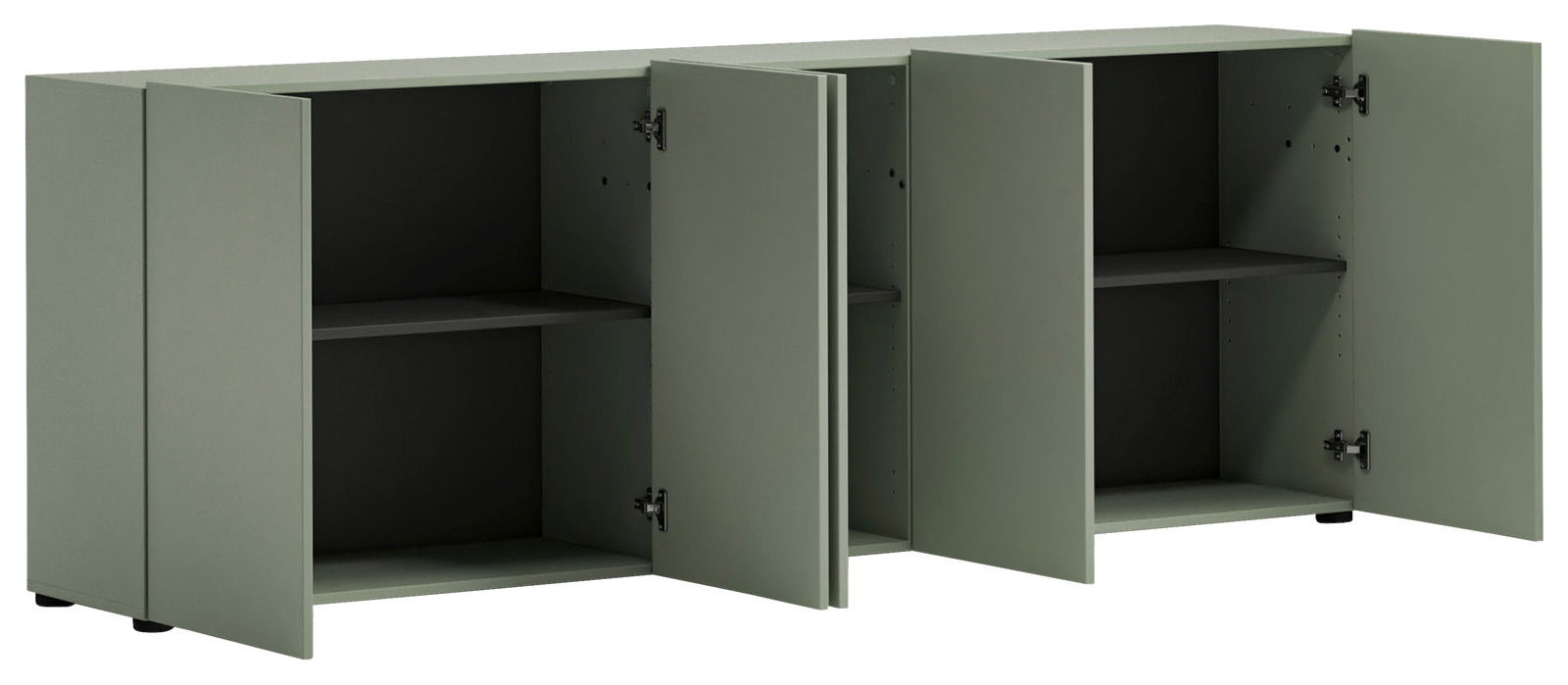 Grünes XL-Sideboard mit offenen Türen, seitliche Perspektive