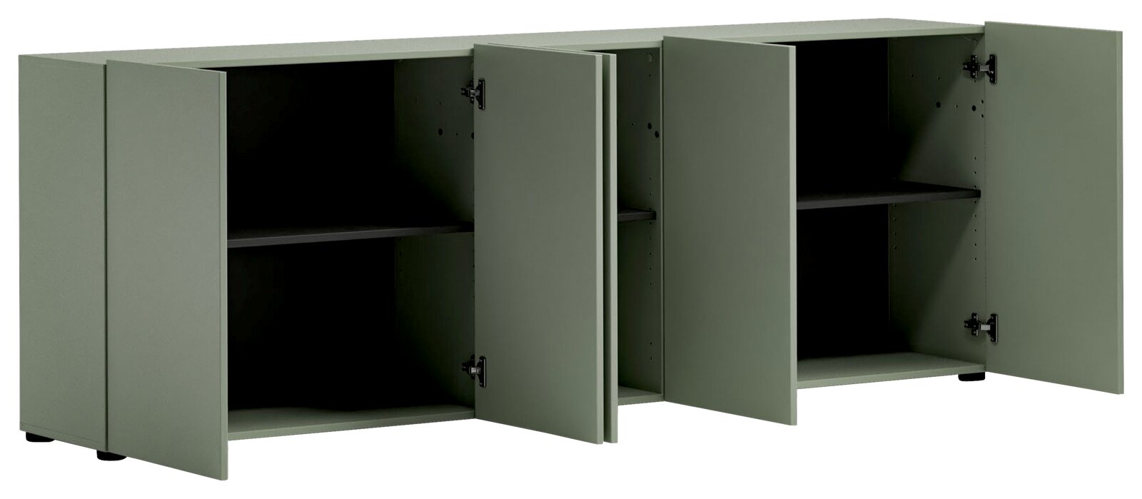 XORA XL-Sideboard MISTER LORD Grünes XL-Sideboard mit offenen Türen, seitliche Perspektive