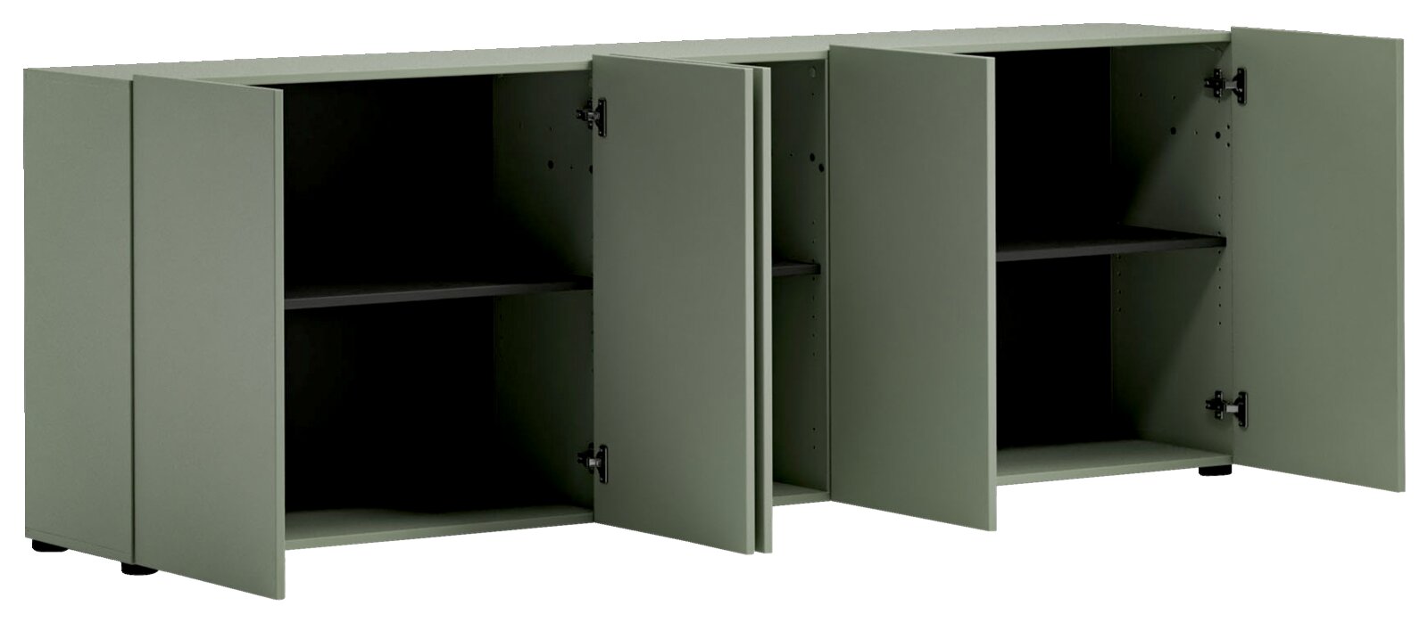 Grünes XL-Sideboard mit offenen Türen, seitliche Perspektive