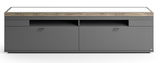 Frontansicht eines modernen TV-Lowboards in Grau mit Holzoberfläche, zwei Schubladen und zwei Türen.
