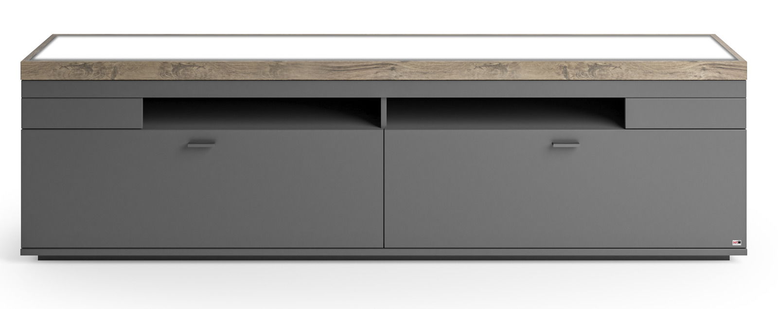 Frontansicht eines modernen TV-Lowboards in Grau mit Holzoberfläche, zwei Schubladen und zwei Türen.