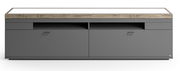 Frontansicht eines modernen TV-Lowboards in Grau mit Holzoberfläche, zwei Schubladen und zwei Türen.