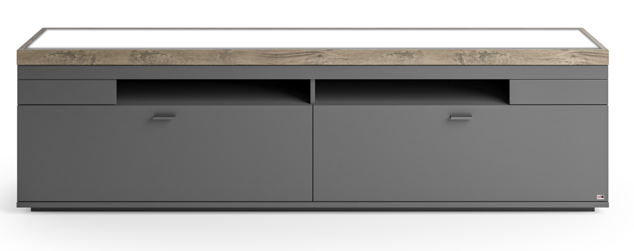 Frontansicht eines modernen TV-Lowboards in Grau mit Holzoberfläche, zwei Schubladen und zwei Türen.