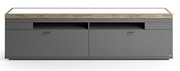 Frontansicht eines modernen TV-Lowboards in Grau mit Holzoberfläche, zwei Schubladen und zwei Türen.