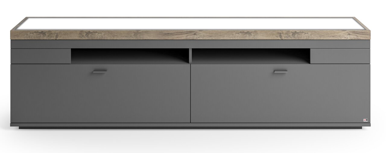 Frontansicht eines modernen TV-Lowboards in Grau mit Holzoberfläche, zwei Schubladen und zwei Türen.