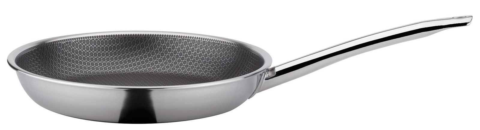 Bratpfanne aus Edelstahl mit Wabenstruktur, seitliche Perspektive