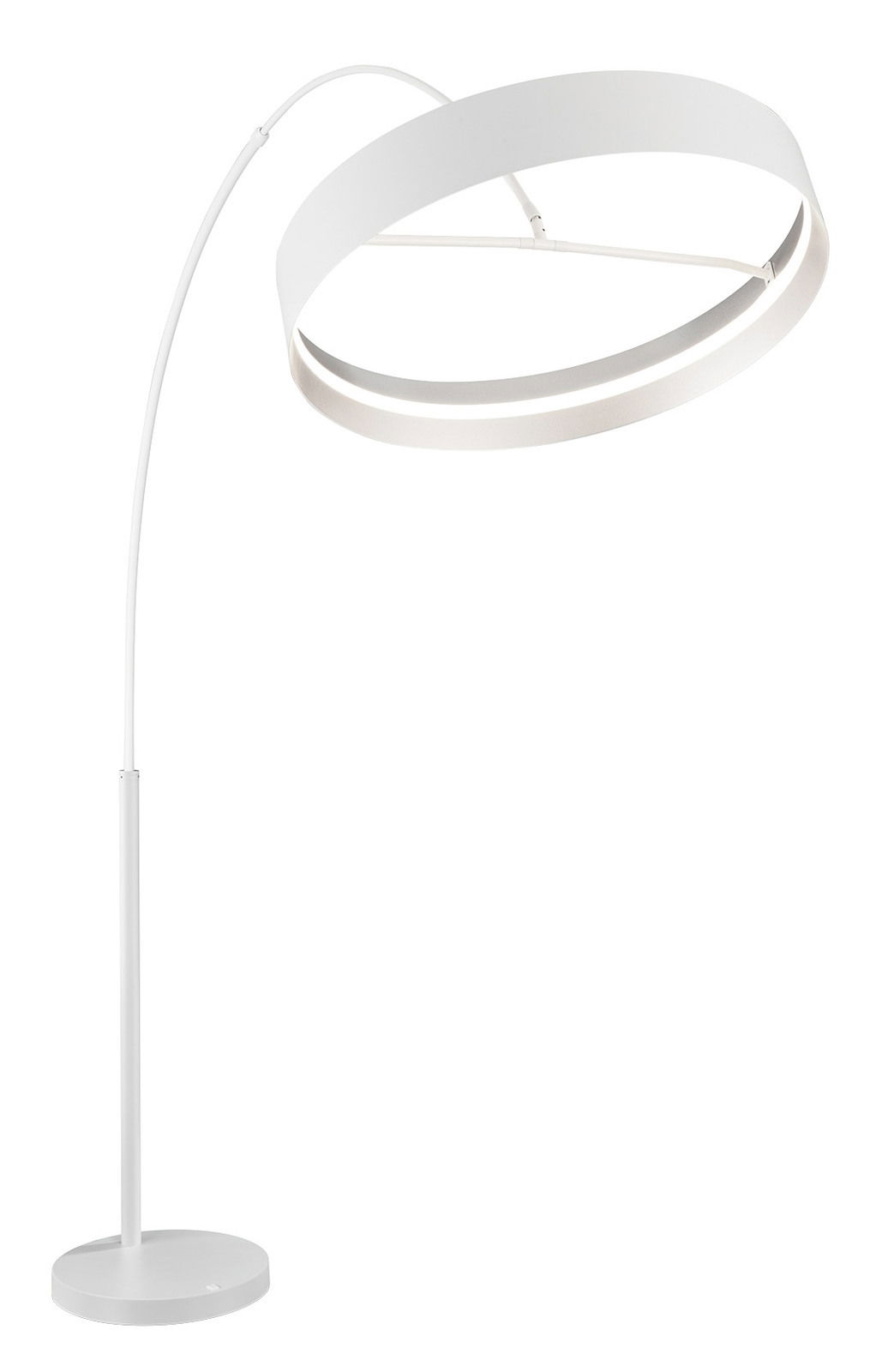 Moderne Stehleuchte LOOP in Weiß mit gebogenem Arm und rundem Lampenschirm, seitliche Perspektive