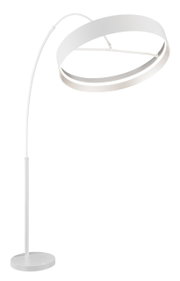 Moderne Stehleuchte LOOP in Weiß mit gebogenem Arm und rundem Lampenschirm, seitliche Perspektive